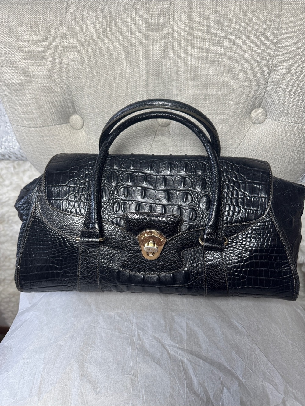 Brahmin Black Croc-Embossed Leather Satchel with Gold-Tone Lock